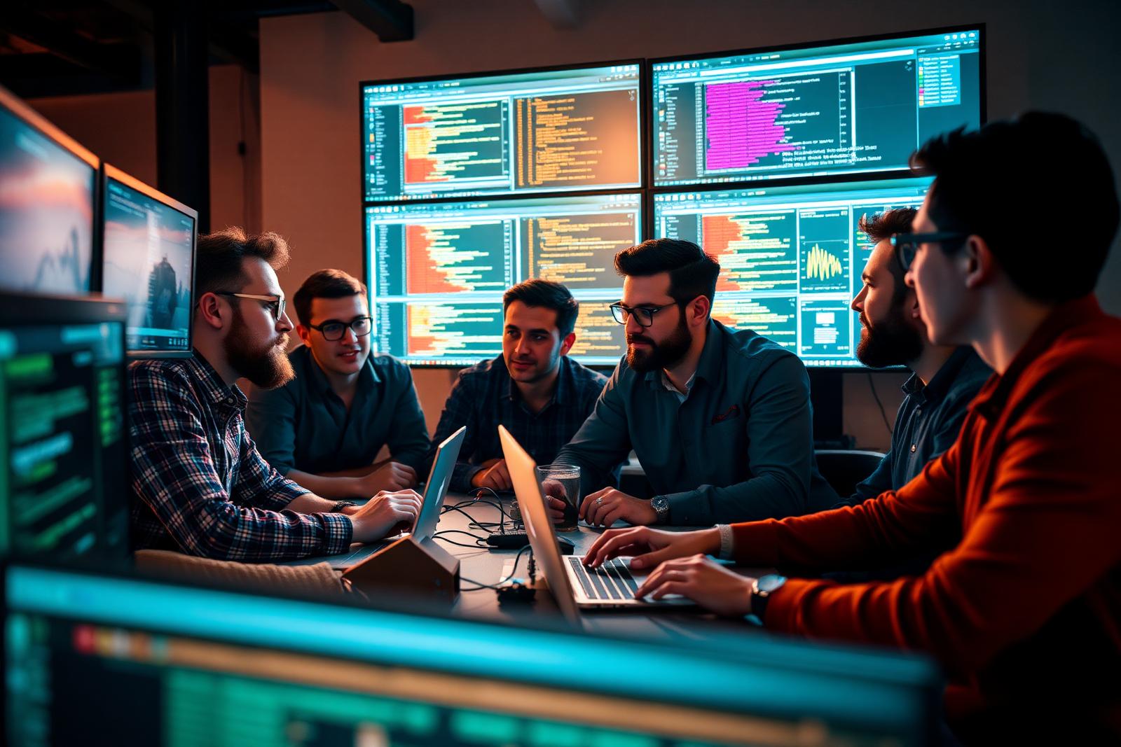 Software engineers collaborating around monitors